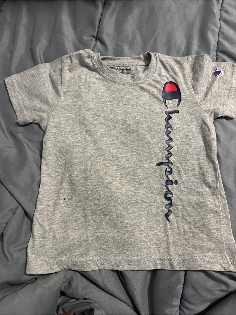 Champion Gray Tee with Vertical Navy Logo and Red Accent